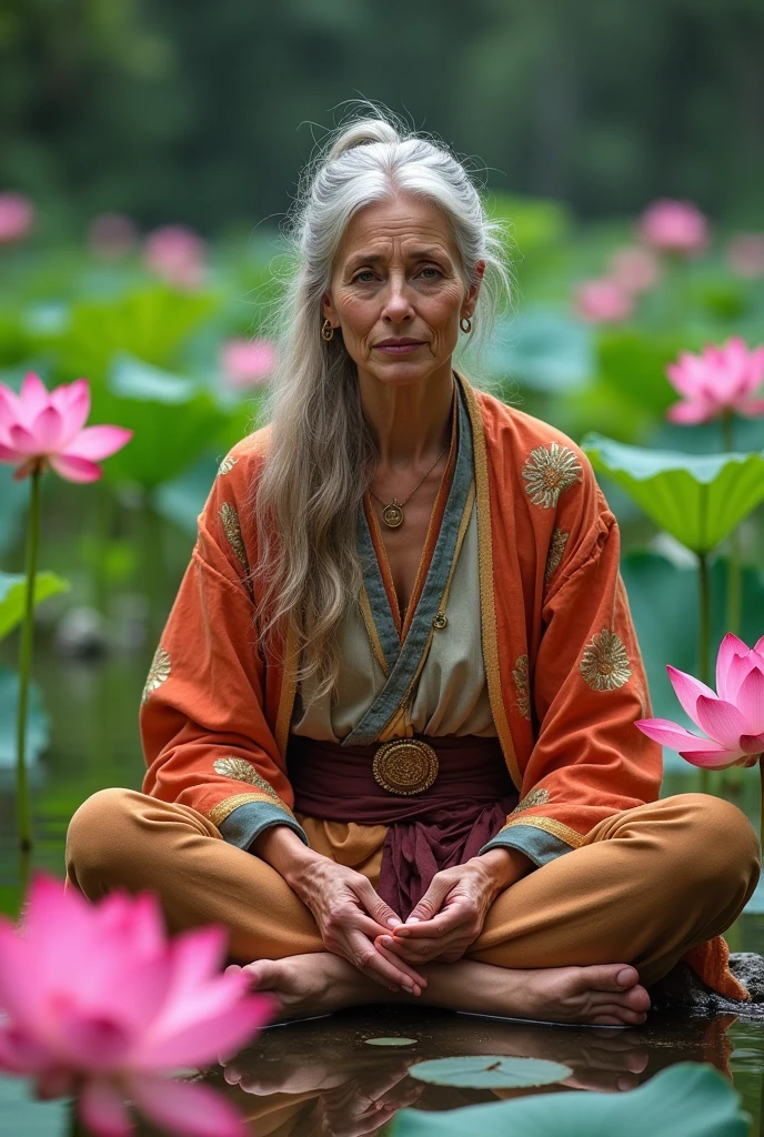 67 year old bohemian hippie woman doing yoga in her garden
