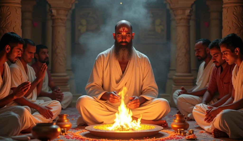 A sexy indian (hindu) man, wearing( relegious cloths), (perfect penis), homoerotic, nsfw ,extremely gorgeous face, ,masterpiece, cinematic ,fire rituals ,(yagna),swastik.,focus on the man more,bookeh
