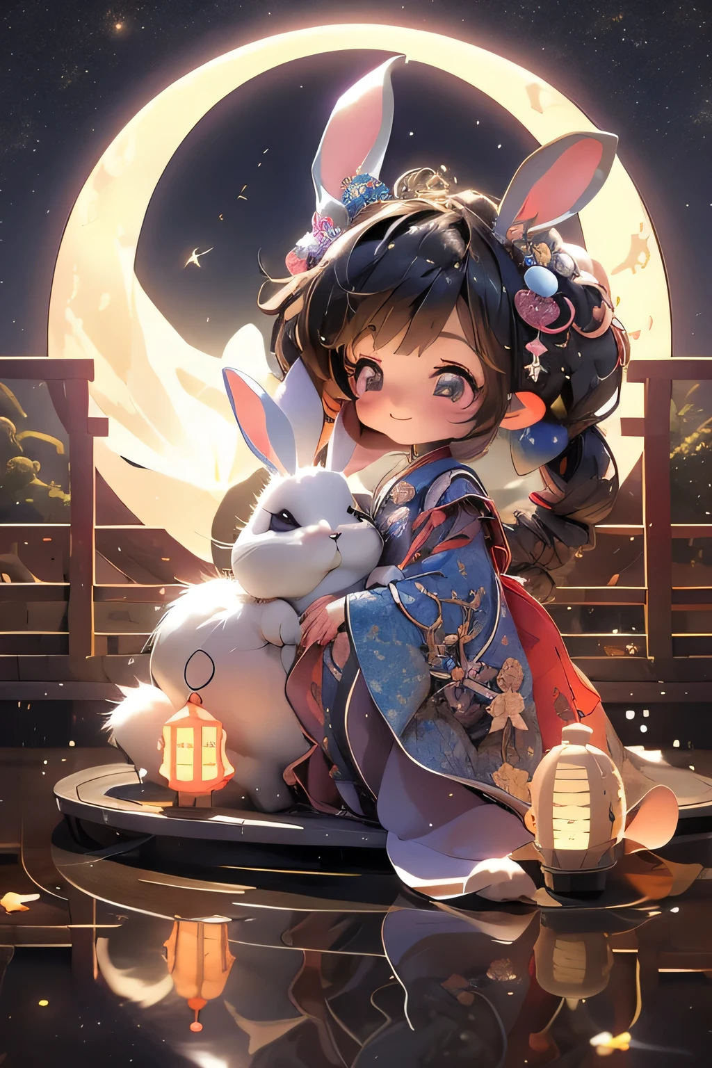 masterpiece,best quality, 1girlï¼chibi, rabbit, lake, reflection,  lantern, starry sky, moon, 