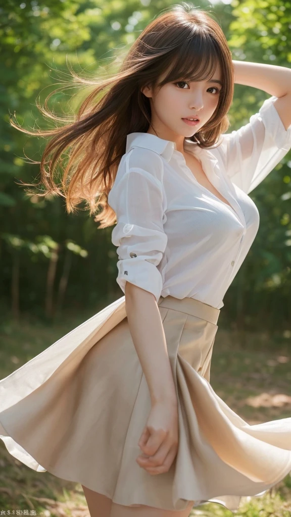 (((Low angle shooting、looking at the camera:1.22,Leaning forward、Open shirt、No underwear)))、(((8K、highest quality、masterpiece、超A high resolution)))、(Realistic:1.4)、RAW Photos、(Real skin texture:1.3)、(Film Grain:1.3)、((Are standing、Skirt flutters in strong winds、Under the skirt、Do not bend your legs、don't bend your knees、Spread your thighs、Beachside、))、One Girl、Beautiful and detailed eyes and face、masterpiece、highest quality、close、thin、Japanese Uniform、Dynamic、barefoot、Various poses, big breast size