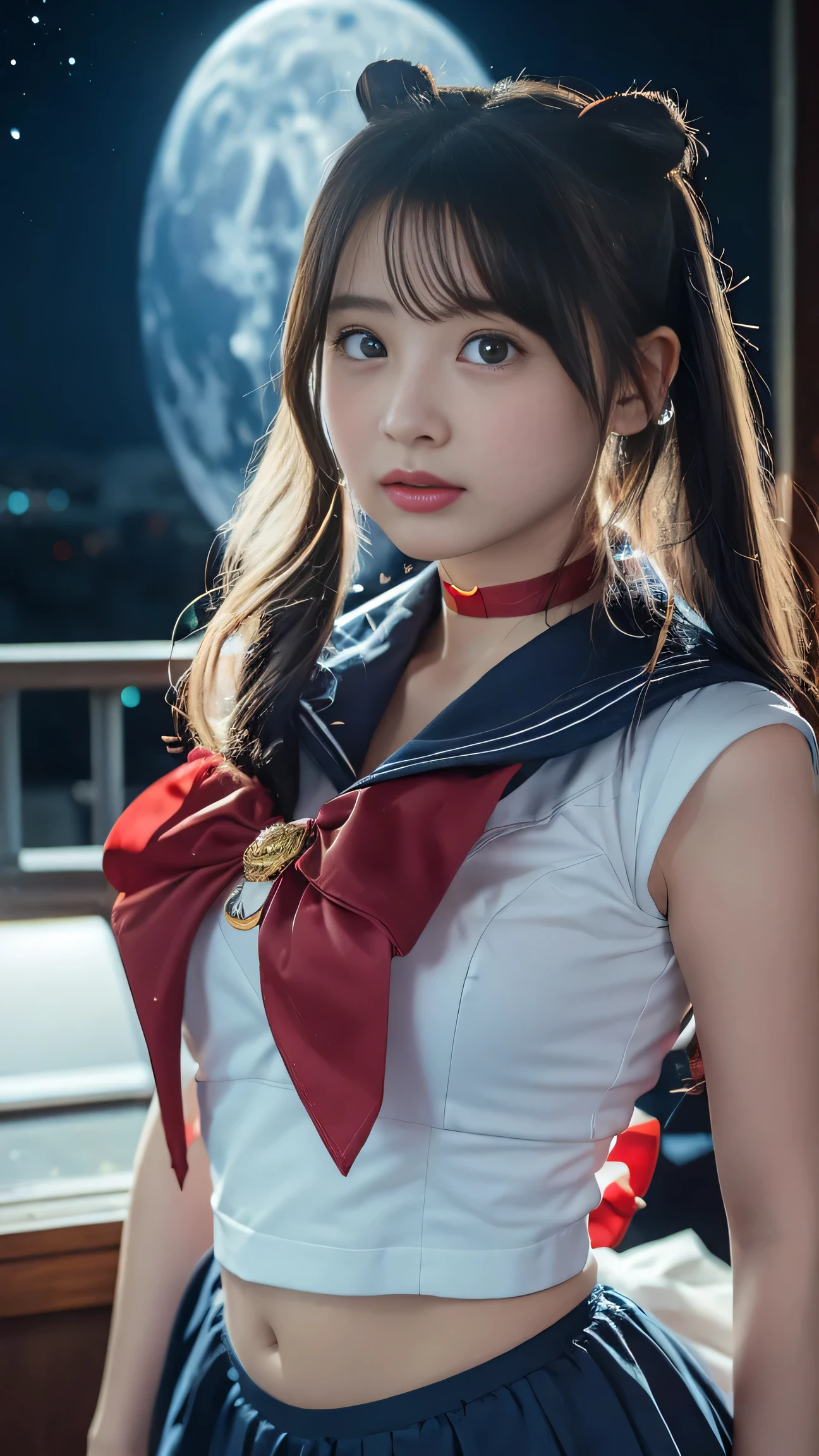 masterpiece、high quality、High resolution、Realistic、professional lighting、Japanese、woman、young、White skin、slender、Sailor Moon, Usagi Tsukino, Sailor Warrior Uniforms, Red choker,Blue Collar, Red ribbon on chest,White gloves,red ribbon on waist,Very short skirt, Blue Skirt, Red knee boots,Crescent Earrings,whole body, One Girl, only, Long Hair, Twin tails, Twin Chinese bun, (((Blonde))), Big eyes, Blue pupils, cute, So cute, beautiful, wonderful, gem, Night Sky, Starry Sky, Perfect Face, Perfect Skin, Crescent moon on her forehead, Skirt up, Showing her ass