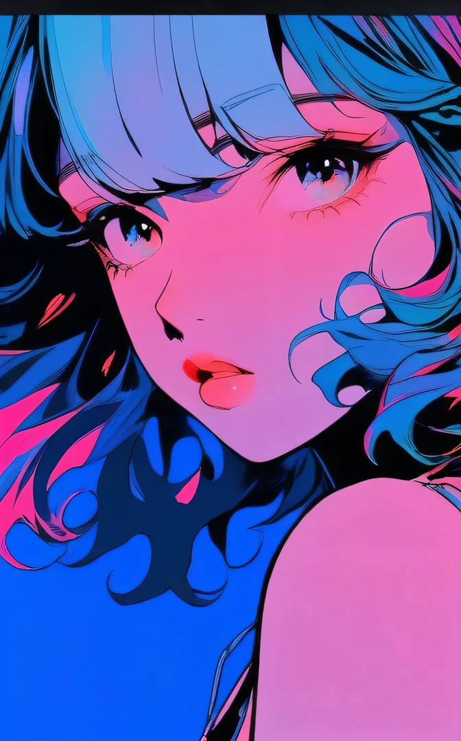 Illustrator, Anime , Realistic ,sketch , 1girl in, ,lip, order, Blue gradient background, Neon Hair,textured crop, (masutepiece,Best Quality)