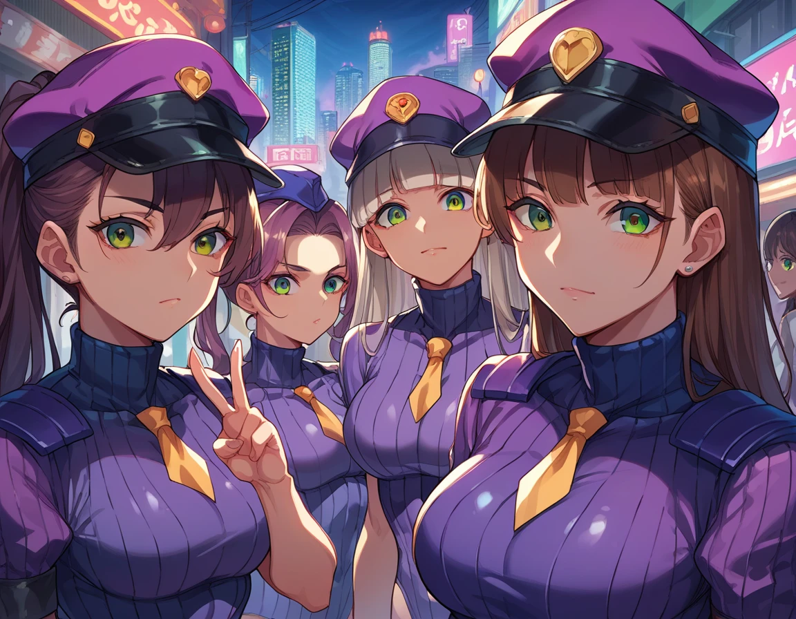  (5 beautiful girls:1.3), young,  (Group shot, Gathered, friend),  (Lots of lesbian couples in love:1.2), v-signs)、(score_9, score_8_up, score_7_up, score_6_up, score_5_up, score_4_up,source_anime), 1girl,Alone,sexy mature woman,athletic body, long hair,standing, green light eyes, purple dollsuit, Purple cap、dark persona, empty eyes, large breasts,emotionless , city background, night,