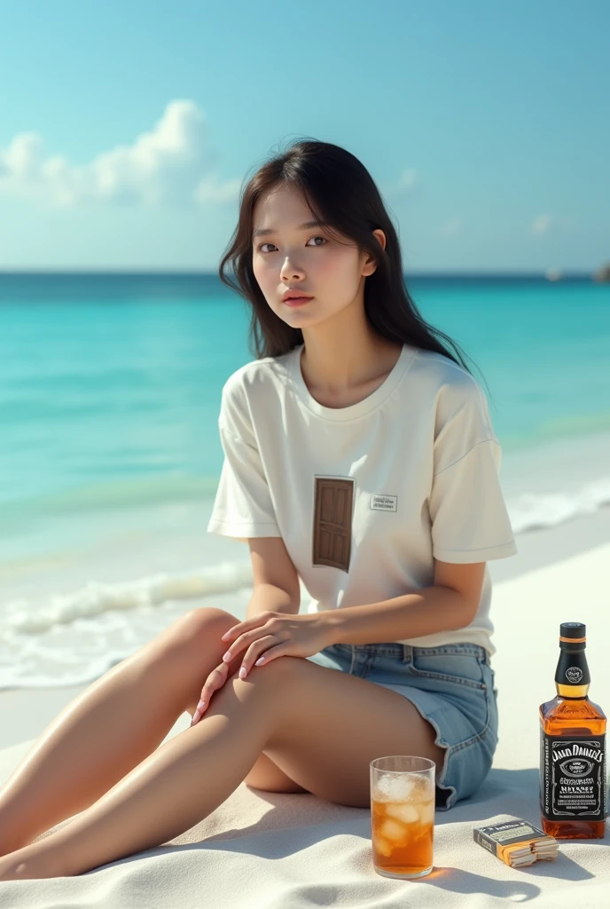 A Japanese woman, chubby, 20 years old, with the best smile, holding a very realistic can of beer, very large breasts, wearing a hoodie and jeans, showing cleavage, with long hair and droopy eyes, holding a DSLR camera, at a campsite with a tent in the background, high quality, professional lighting.