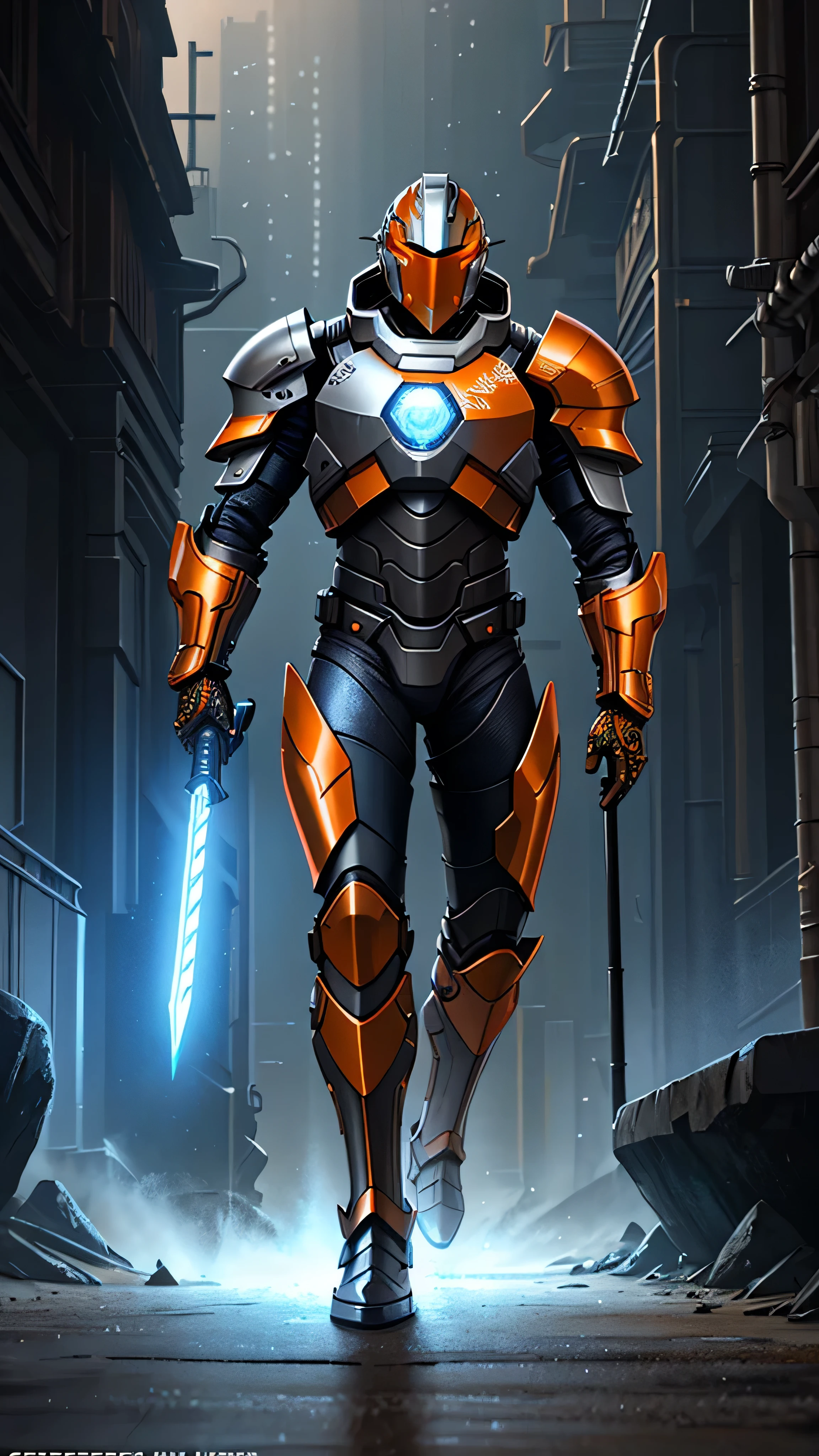 futuristic knight, heavy high-tech armor, helmet with distinct visor, metallic orange and silver colors, modern designs, glowing blue highlights, intricate engravings, wielding large hammer-like weapon, holding round shield, charging forward, cold misty backdrop, sense of movement, (insanely detailed, beautiful detailed face, masterpiece, best quality), cinematic lighting, 1man, solo, full body view, (front view), looking at viewer, intricate, high detail, sharp focus, dramatic, photorealistic painting art by greg rutkowski