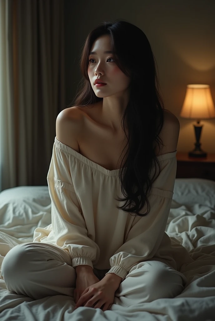 (photorealism:1.2), Han So-Hee, korean actress, sitting on bed, wearing loose off-shoulder top, pajama pants, 