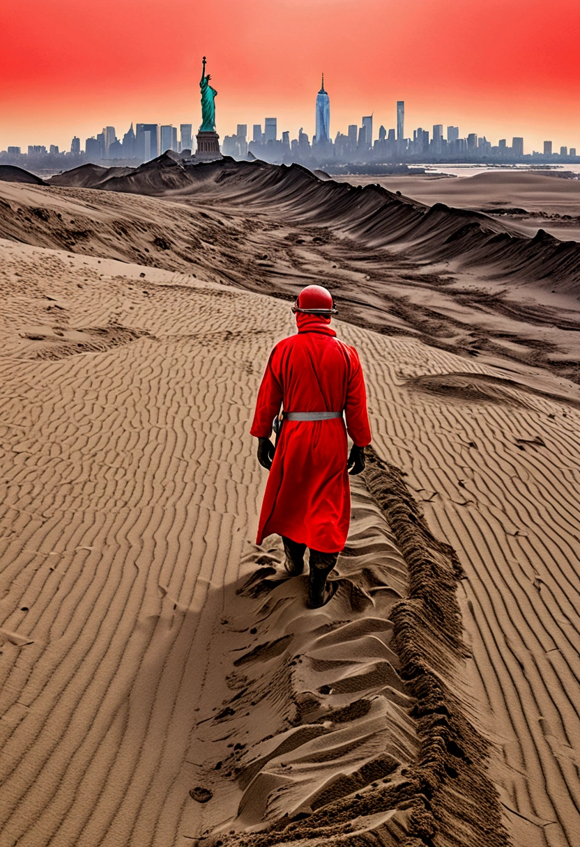 Panoramic view of sand buried New York City ruined deserted by nuclear war, desert hills, smog, beautiful sand patterns, A person wearing radiation protective clothing, red sky, heavy smog, collapsed broken Statue of Liberty buried in desert, view from high attitude