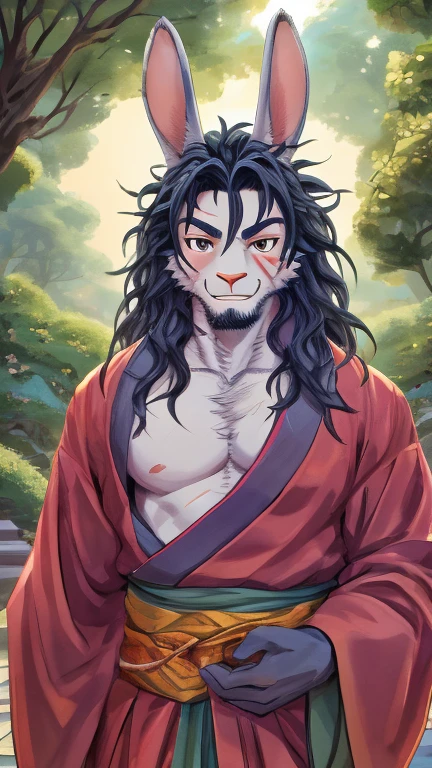 (male, solo, rabbit), highly insanely detailed, masterpiece, top quality, best quality, highres, 4k, 8k, RAW photo),((innocent look)),((Childish)),From the front, symmetrical composition,smile,cute,Innocent,Kind eyes,Flat chest,digital art Style, Japanese garden, (musashi miyamoto),front view, kimono,scar,long hair