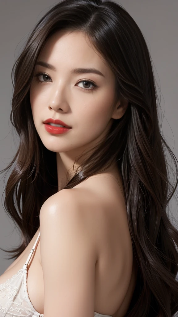 High resolution、masterpiece、Textured skin、high quality、Ultra high definition、Very detailed、woman、40 years old、Long Hair、Large Breasts、Perfect Style、Face close up、Red Lip、Alluring、sexy、lingerie、