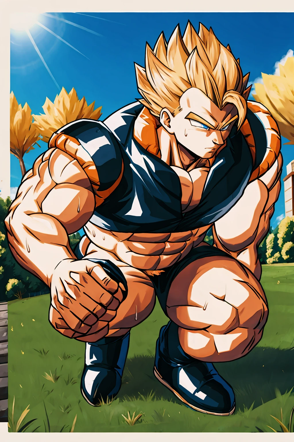 1boy, Vegeta, from Dragon Ball Z, saiyan, (yellow hair:2), spiked hair, green eyes, (blue skintight pants:1.5), white gloves, white boots with brown tips, good posture, shirtless, nipples, abs, sumo squat, powering up stance, (huge muscles:2.5), huge pectorals, yellow aura, electricity, (dragonballartstyle:1.5), (in the style of Akira Toriyama:1.5), white tiled floor, outdoors, flat-top mountains, Extreme Wide Shot, masterpiece, best quality, very aesthetic, absurdres, day light, (sumo squat:1.5)
