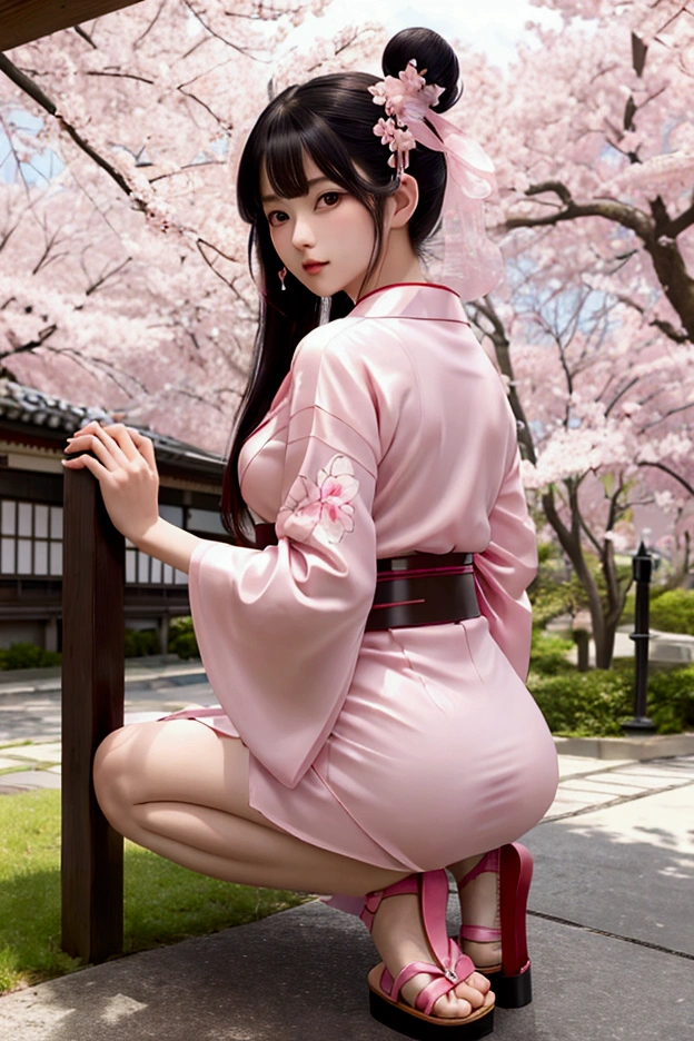 (Purple kimono)、（Get on all fours and stick your butt out）、(top-quality,​masterpiece:1.3,超A high resolution,),(ultra-detailliert,Caustics),(Photorealsitic:1.4,RAW shooting,)Ultra-realistic capture,A highly detailed,high-definition16Kfor human skin、 Natural Skin Texture、、The skin looks healthy with an even tone、 Use natural light and color,One Woman,japanes,kawaii,A dark-haired,very big hair,(depth of fields、chromatic abberation、、Wide range of lighting、Natural Shading、)、(Cherry blossoms in the air:1.2)、(Hair swaying in the wind:1.2)、(Cherry blossoms reflect light:1.1)、Cleavage can be seen through the exposed kimono、Legs visible through exposed kimono（Red garter belt、Crotch visible through exposed kimono、Kneel, spread your legs and look up、(Hair swaying in the wind:1.2)、 Background with: cherry trees、Perfect anatomical body proportions with legs spread:2.8、small red micro panties、Panty shot from the back、Facing forward、 M-shaped legs:2.8、wide open the crotch、Bend your knees、(Legs wide open)、open thigh、Lifting the buttocks to the limit、Yellow water drips from genitals、garterbelts