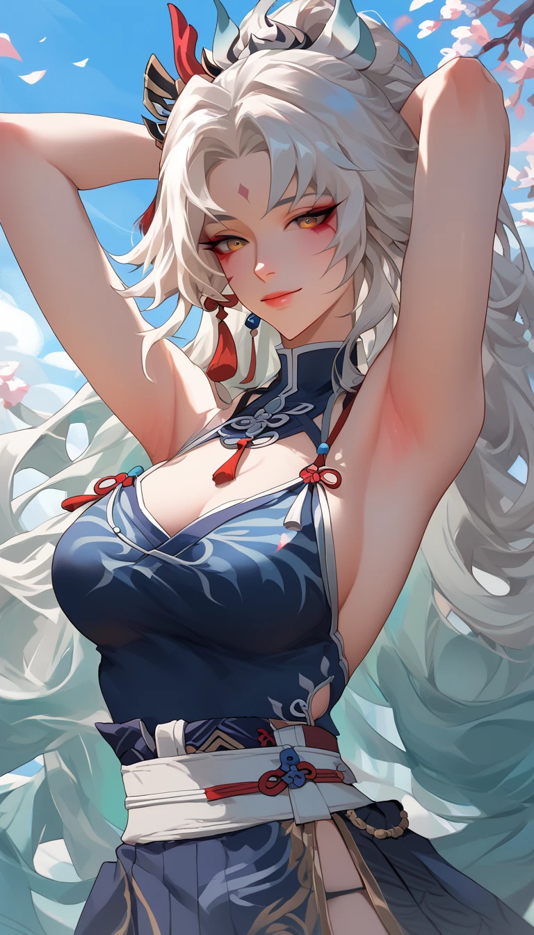 anime girl with long white hair and blue dress posing, white haired deity, by Shitao, seductive anime girl, white haired, perfect white haired girl, white haired lady, white-haired, onmyoji portrait, white - haired fox, onmyoji, anime goddess, armpits