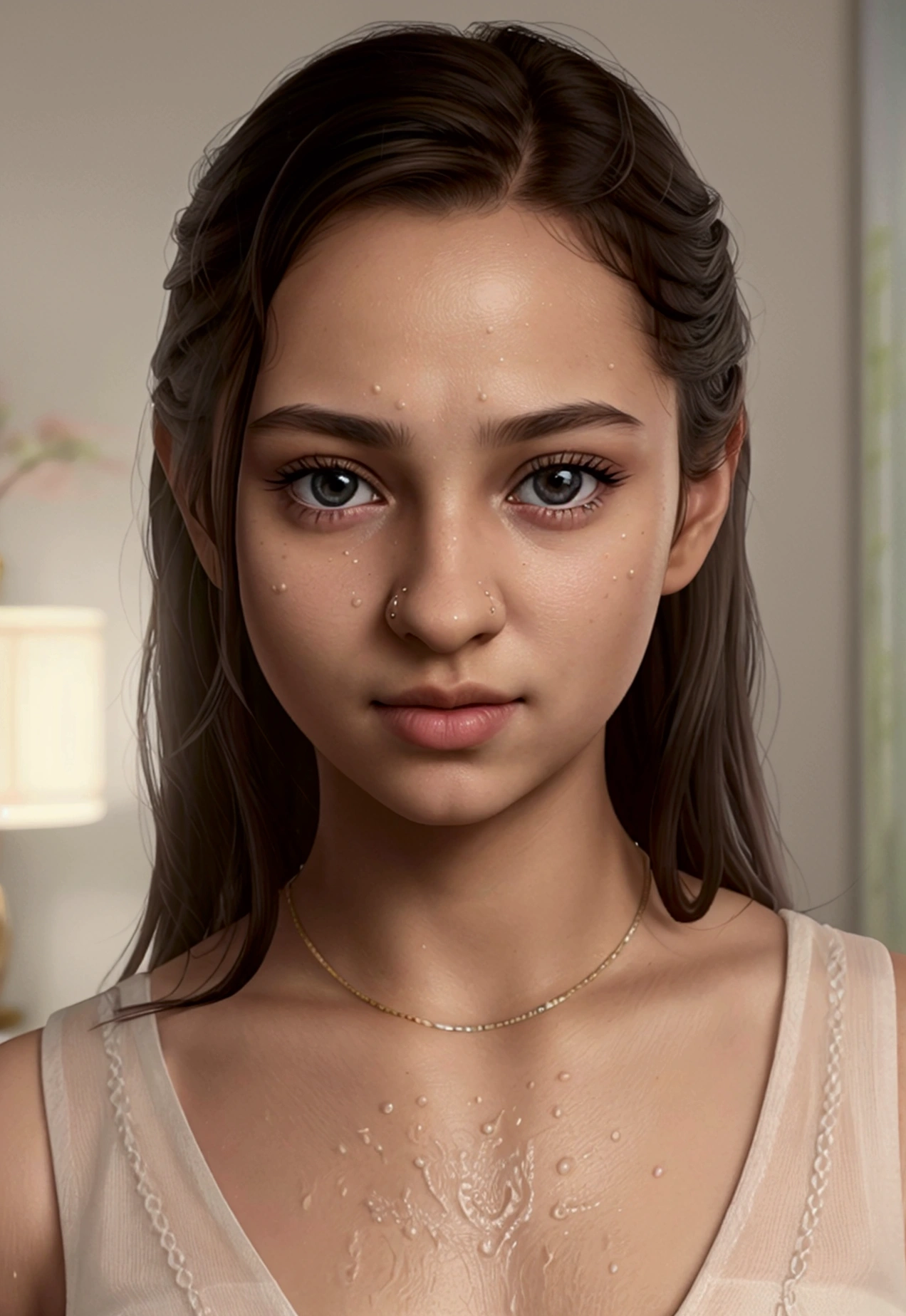 a small Guava humanoid teen Girl 18 years,(best quality,4k,8k,highres,masterpiece:1.2),ultra-detailed,(realistic,photorealistic,photo-realistic:1.37),detailed eyes,detailed lips,extremely detailed face,longeyelashes,art,vibrant color, nice tits, bedroom,offene Unterwäsche,wet