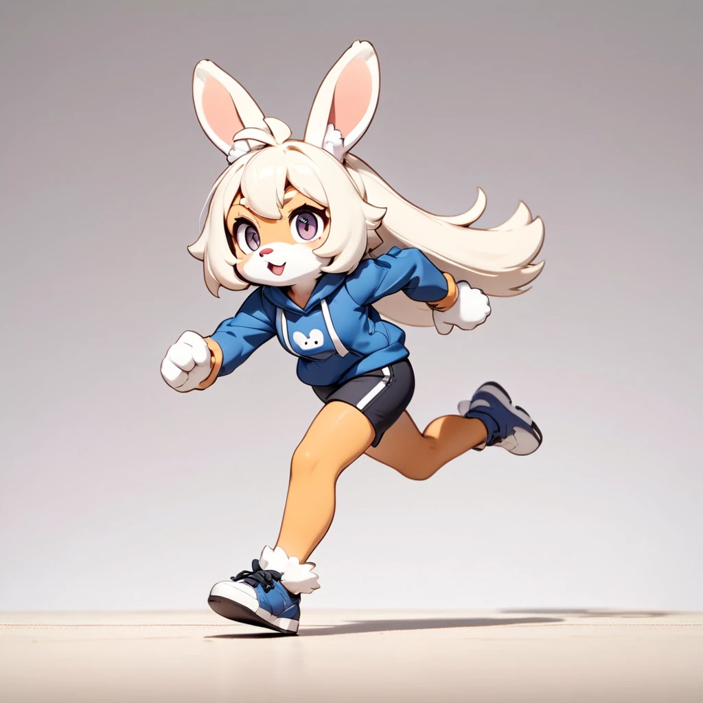 (masterpiece, best quality:1.2), Clay animation, 1 androgynous girl, solo, full body, (anthropomorphic Rabbit, furry, kemono), She is running, simple background