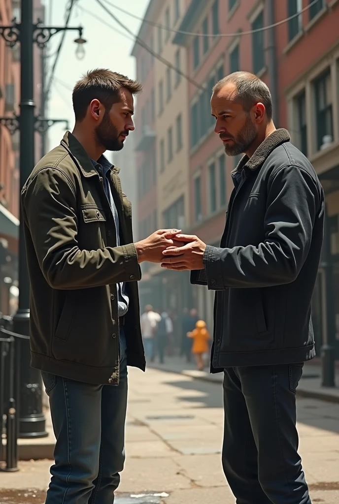 a jewish man and christian man holding hand of each other and try to kiss while standing