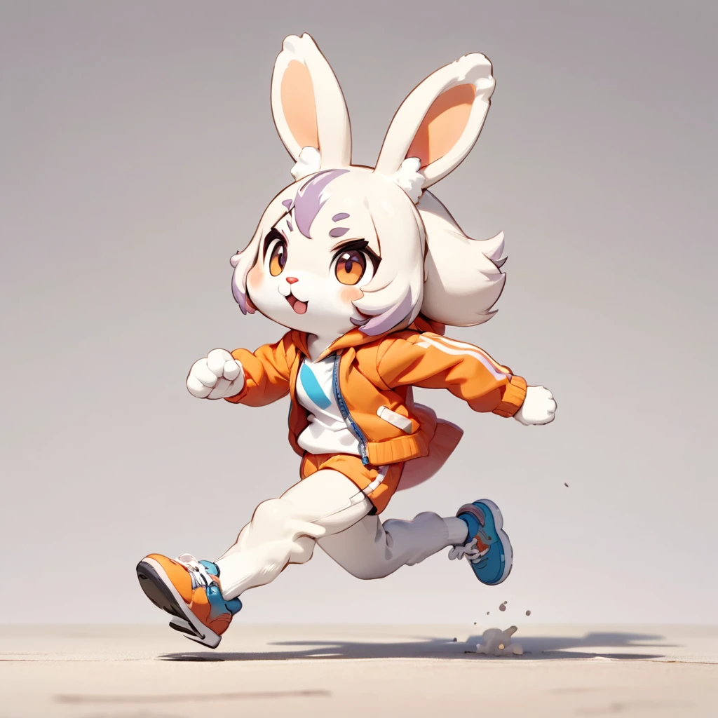 (masterpiece, best quality:1.2), Clay animation, 1 androgynous girl, solo, full body, (anthropomorphic Rabbit, furry, kemono), She is running, simple background