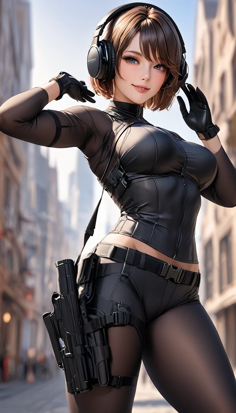 (A woman),(((A woman saluting with her right hand:1.5))),(((Straighten the left hand:1.5))),((Black tactical tights:1.5)),((Black headphones:1.5)),((Black Tactical Holster:1.5)),(Black Gloves:1.5),(Smile:1.5),(Short hair:1.5),(Beautiful eyes:1.3),(Very detailedな顔:1.5),((Very detailed drawing of a female hand:1.5)),((muscular:1.5)),(Sexy appearance:1.5),((Thick thighs:1.5)),(Beautiful Body:1.5),((Very sensual:1.5)),(Background is the city:1.5),(((Blurred Background:1.5))),(Written border depth:1.5),rest(((masterpiece:1.5),(Best quality:1.5),(Very detailed:1.5),(high resolution:1.5),(Practical:1.5),(Practical:1.5),(Delicate depiction),(Carefully drawn))),8k,wallpaper