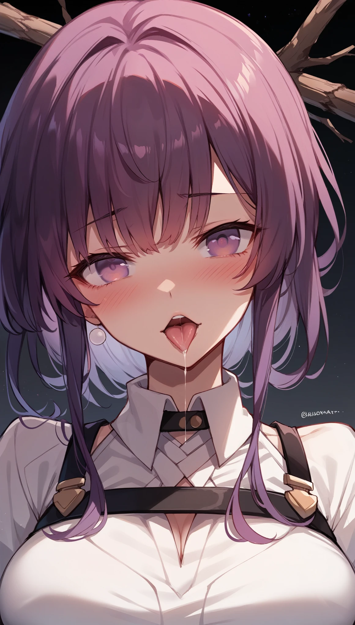 masterpiece，high resolution，Anime Art，Anime Numbers， 4k anime wallpaper，Radiant Skin，Solitary，Collapse Star Railway，Kafka，An anime girl，blush，Stick out your tongue，saliva，Purple Hair，shirt，Big breasts，Purple Eyes，Close-up of face，Solid color background