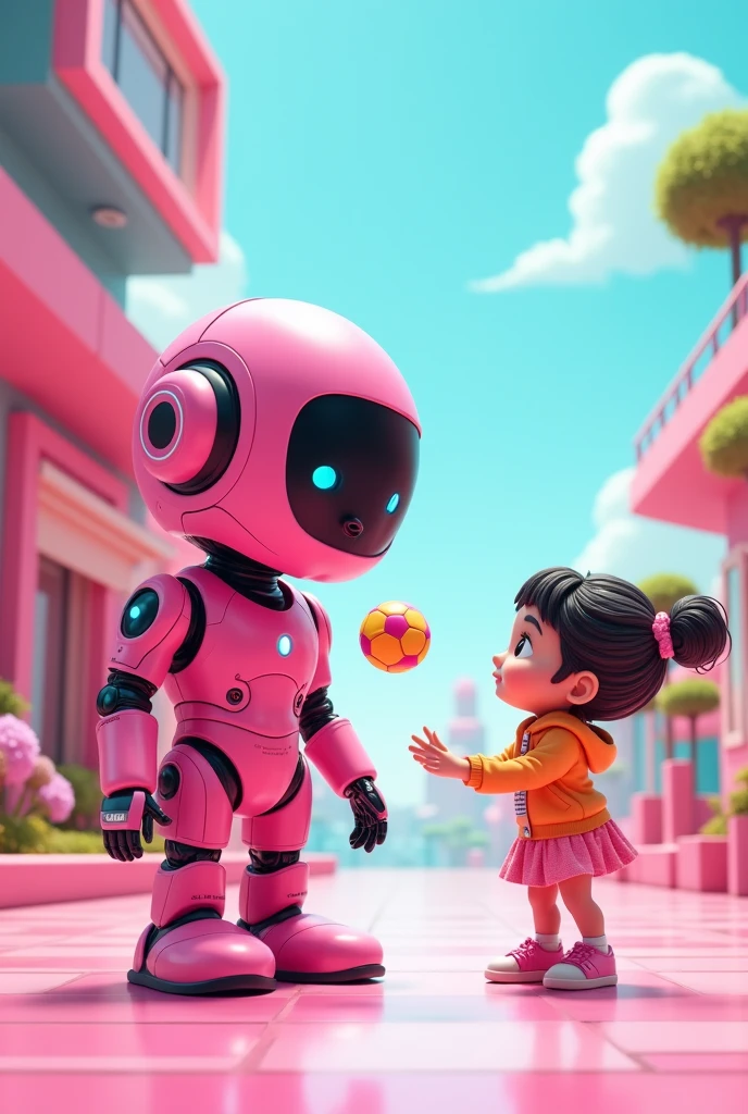 3D graphics, cartoon style, stylish pink robot from the future, cute, kind, playing ball with a girl