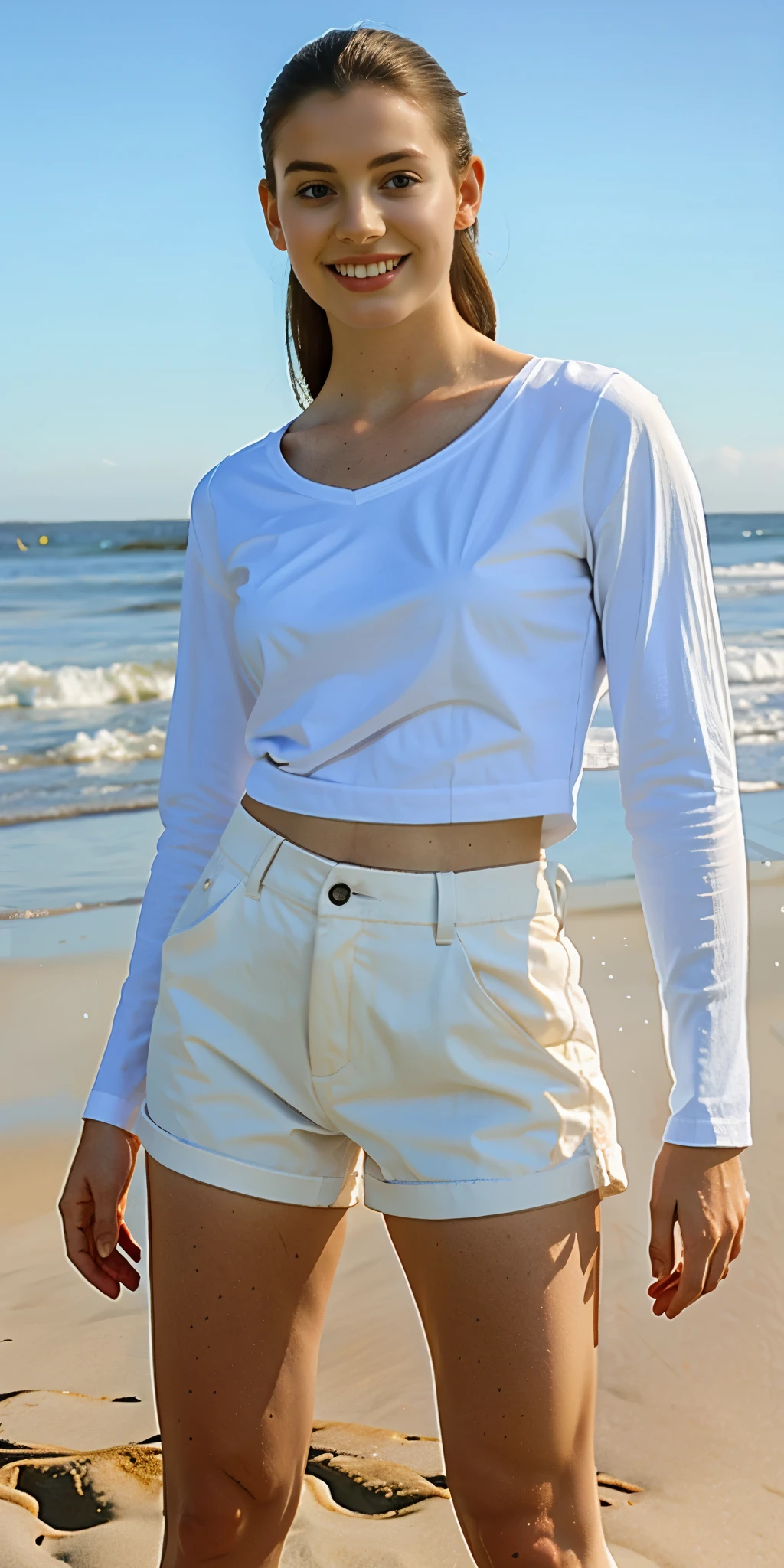 ((best qualityer)), ((work of art)), (detailded), 1 girl, 30 year old woman, beachfront, SET ON THE TABLE, laptop for mesa, SUNSHADE, MESA COM SUNSHADE, sand, OPEN SEA IN THE BACKGROUND, TABLE WITH CHAIRS, sand, DRINK ON WOODEN TABLE, PEOPLE IN BIKINI, PHYSICS SHIRT, black tee, ADIDAS SHIRT, ADIDAS WHITE PANTS, Portrait of a BRAZILIAN woman, sexy looking with WAVY hair, shorth hair, hazel eyes, with fluttering covers, perfect composition, hyper realist, Super detailded, 8K, high qualiy, trending art, trends on artstation, sharp focus, studio photo, details Intricate, altamente detailded, art by greg rutkowski, hoop earings, relogio no pulso, sketch, SIDE camera, looking from the front, floor , shorth hair, short wavy hair