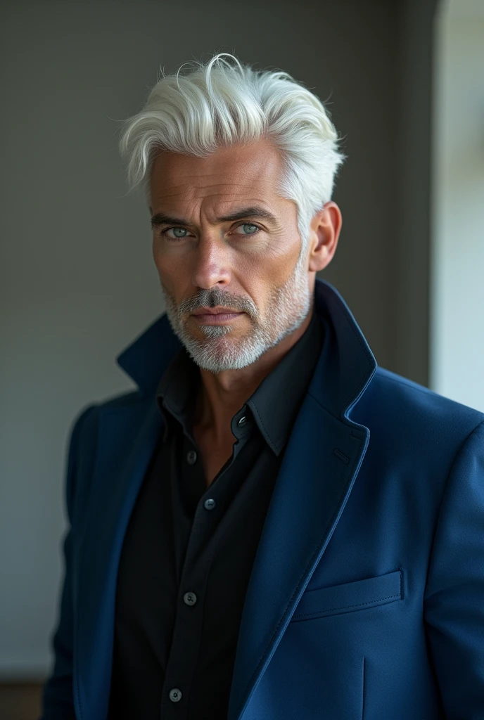 Man,mature,handsome face,v shape face,White hair,bright blue eyes,muscular body ,cogan,thick hair,villain
