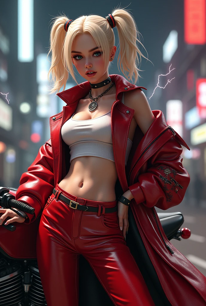 night、White tube top bra、Red leather long coat、Red sweatpants、embroidery、Bakusozoku、Yankee、Belly button、Blonde、Black hairline、Wide forehead、Get angry