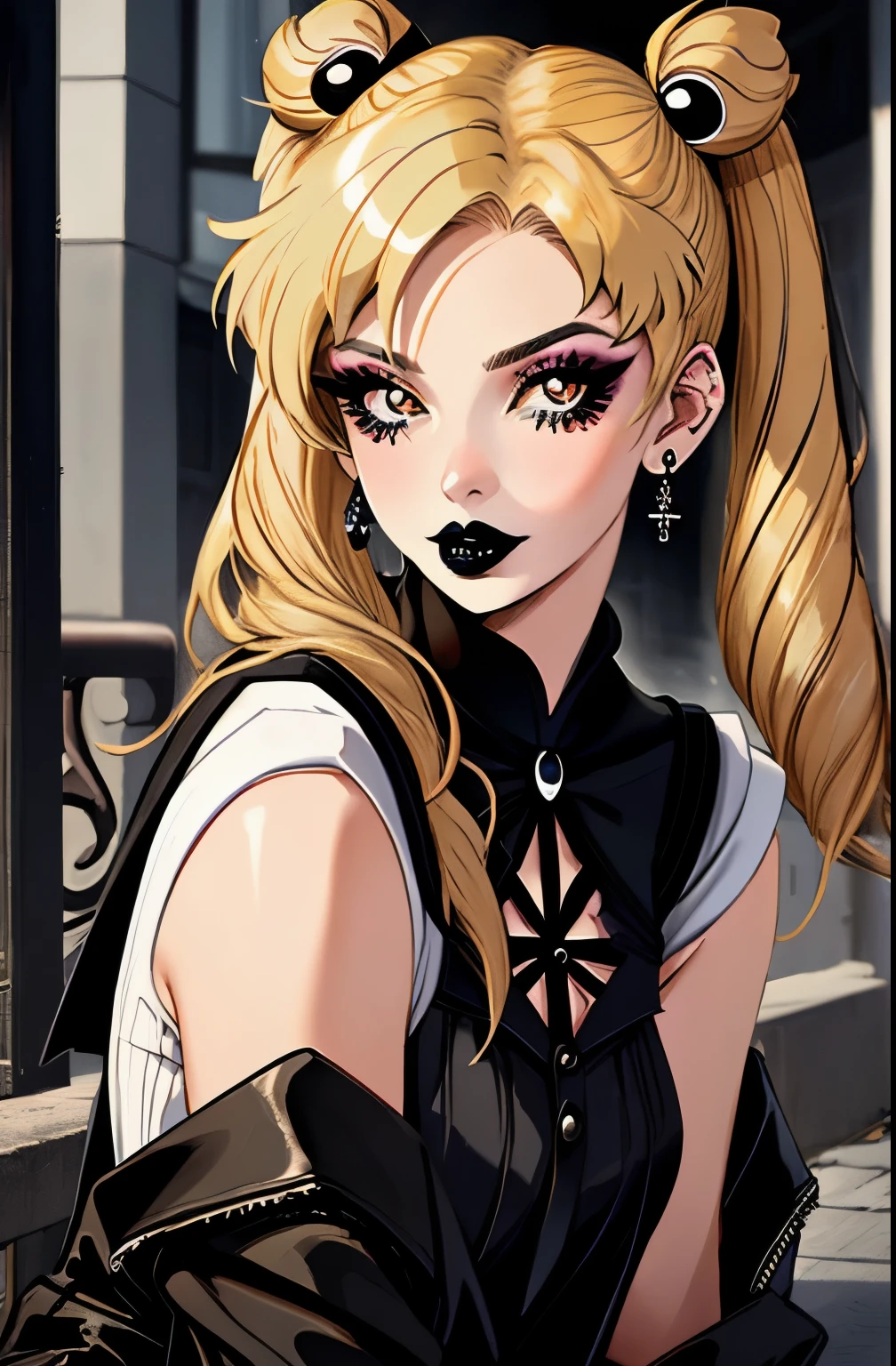 Gothic Sailor Moon, goth, black lips, black lipstick, mascara, eyeliner, blonde hair, outdoors, long pigtails