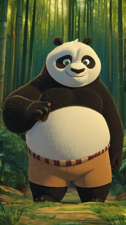 (male, solo, giant panda), highly insanely detailed, masterpiece, top quality, best quality, highres, 4k, 8k, RAW photo),((innocent look)),((ghibli style)),From the front, symmetrical composition,smile,cute,Innocent,Kind eyes,Flat chest,digital art Style, bamboo forest, (kfp_po),front view, Upper body, two-tone fur, panda:1.1), fat, chubby, body fur, head tuft, green eyes, belt, brown shorts,paws,