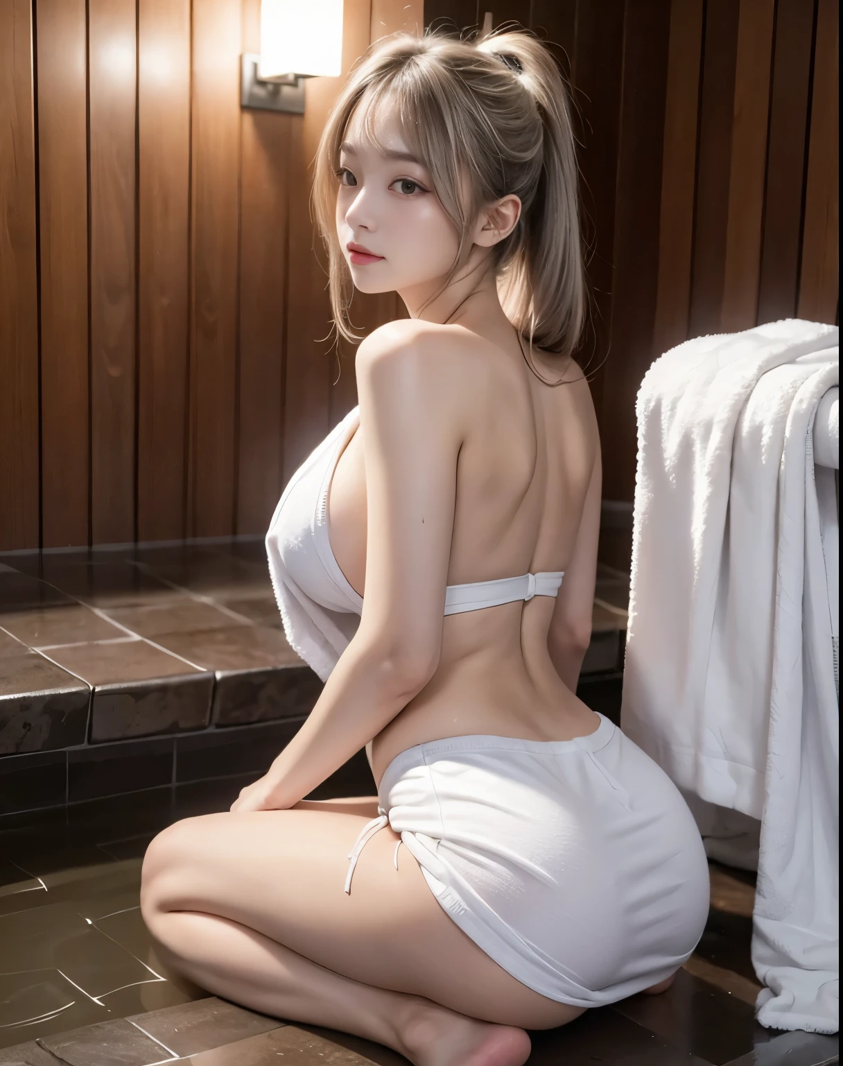 masterpiece, Best Quality, Realistic, 1 girl, hot spring, Backwards, Butt sticking out pose, Voluptuous waist, night, White towel wrapped around chest, In a thin towel and a microskirt, The lower half of the breast is exposed from under the towel, Beautiful older sister, Underboob, Beautiful medium hair, Silver Hair, Big Ass, Realistic美しいlegs, stockings, Protruding nipples, My whole body is sticky with body oil, A well-trained body, Abdominal muscles, Professional Lighting, Glowing Skin, Full body photo including toes