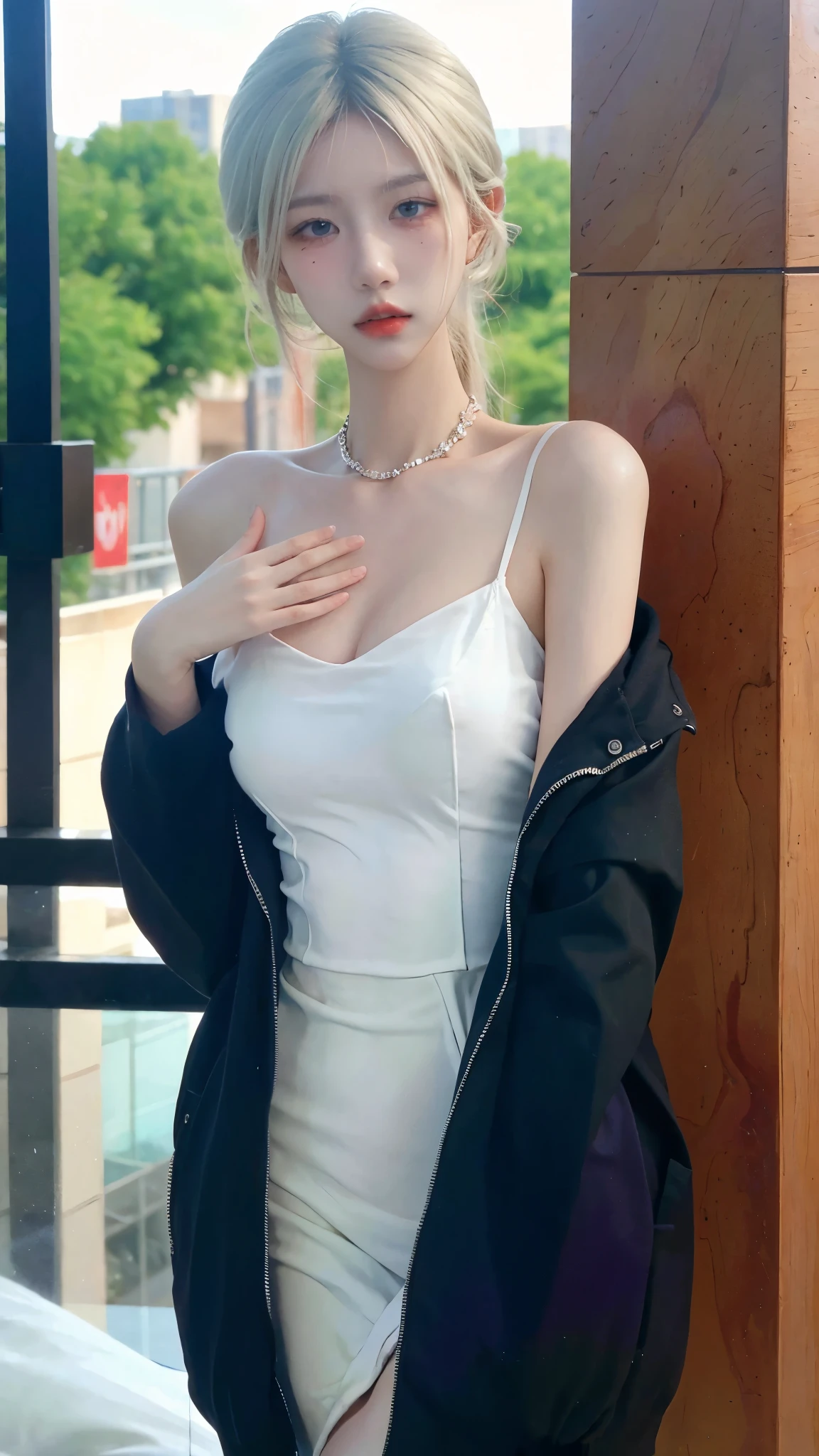 ((((masterpiece, best quality, high resolution)))), (1girl:1.5), ((long silky hair, silver hair, yellow eyes)), (medium breasts:1.2), blush, (light smile, parted lips), glow, thighs, bare shoulders, collarbone, narrow waist, (slender body figure), cleavage, wide hips, (beautiful detailed face, beautiful detailed eyes), ((satin party dress)), looking at viewer, nighttime, bedroom, ((cowboy shot))