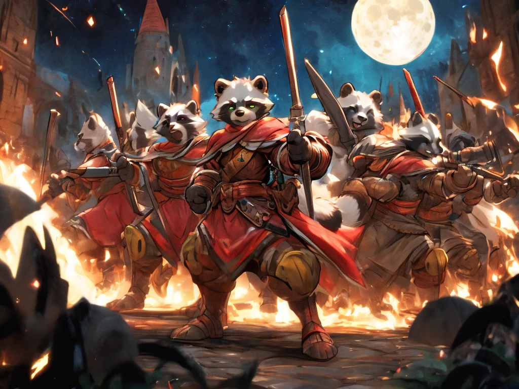 full body, battle ground background、full moon, A female raccoon, custom armor, night, medieval castle, very detailed, masterpiece, ultra resolution, perfect quality ,vivid colors,determined expression, strong shadows,majestic, dark atmosphere, green eyes, surrounded by soldiers, holding weapon up, head turned, looking over shoulder, swinging weapon, attacking with weapon, in battle, using weapon, long black hair 