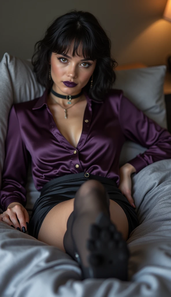 Sasha Grey sitting at a couch and crossed her legs, (siliconed boobs, barefooted and wearing comfy lingerie), (professional photography), (best quality:1.5), (shredded and cropped purple hair), (blushed cheek, eyeliner, brown eyeliner and shadow), (clear eyes), textured skin, [hyper realistic],  face close, 80mm, soft focus , film grain:1.2