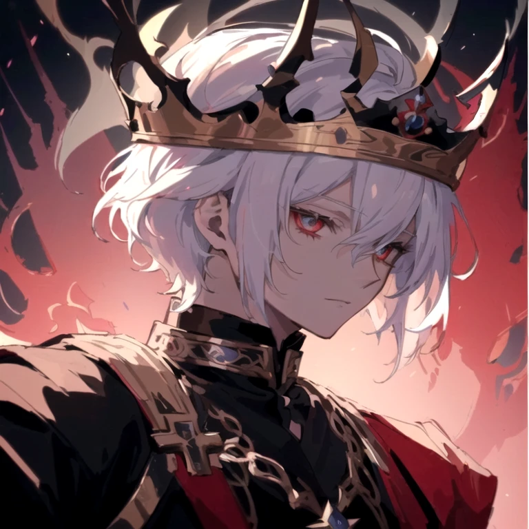 anime, anime boy, white hair, crown, red eyes, black background, prince crown of black gears, prince crown of black gears, the former demon king, with an armor and a crown, portrait of magical blond prince, beautiful androgynous prince, crown of white lasers, man with a crown, guweiz, detailed anime character art, king of hell