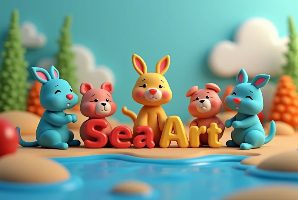 Clay animation, simple animal characters made of clay carrying the word “SeaArt”, (colorful background), ((masterpiece, highest quality, Highest image quality, High resolution, photorealistic, Raw photo, 8K)), ((Extremely detailed CG unified 8k wallpaper)), 