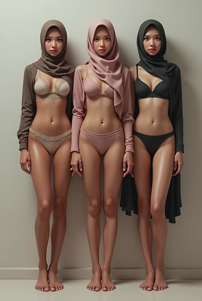 4 young Iranian women aged 20 are flirting with foreigners, They have on hijabs hiding their hair, they have on big brown robes which they have opened to reveal their bodies, athletic with medium hips and thighs, hourglass figures, medium pouting breasts with large areolas, and dabbed with a little neon rave body paint, micro_bikini. They are in a dance club. Show them from head to toe, full body shot