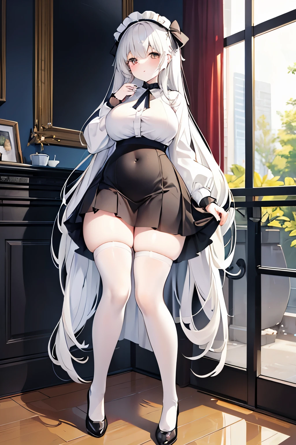 Lower body shot, tall, long legs,  dress, slim waist, white skin , big breasts, Thigh-high white socks , lolita shoes, The skirt is halfway to the thigh, No face shot, in room、Big eater、overeating、Metabolic syndrome、Chubby、Chubby、Big belly、Belly in pants、I have a protruding belly