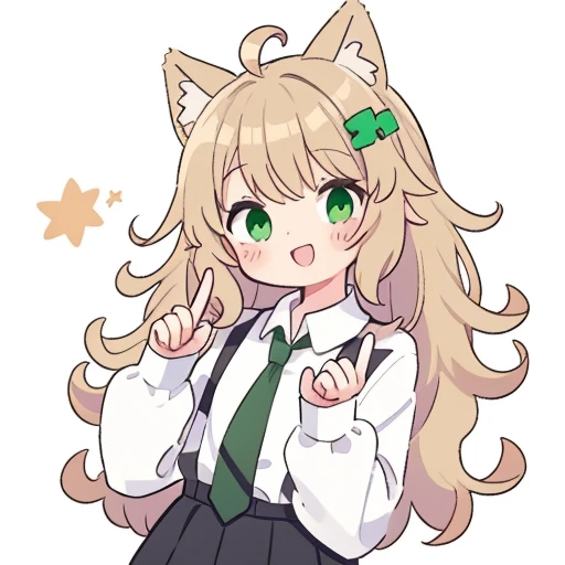 the drawing is of a person with curly hair and green eyes giving a middle finger, double v, v, necktie, bangs, ahoge, 1girl, looking at viewer, black necktie, long hair, long sleeves, animal ears, solo, collared shirt, shirt, hands up, hair ornament, white shirt, head tilt, beta_vrckipfel