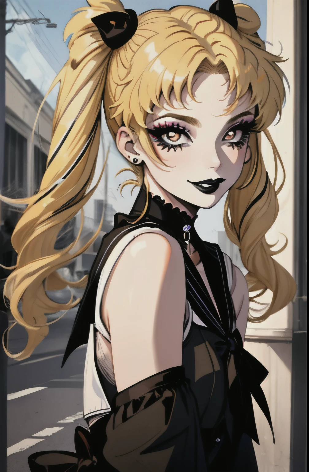 Gothic Sailor Moon, goth, black lips, black lipstick, mascara, eyeliner, blonde hair, outdoors, long pigtails, grin