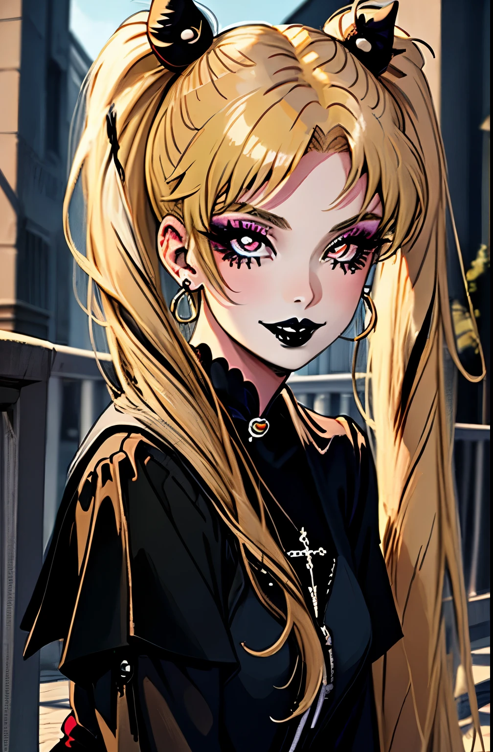 Gothic Sailor Moon, goth, black lips, black lipstick, mascara, eyeliner, blonde hair, outdoors, long pigtails, grin