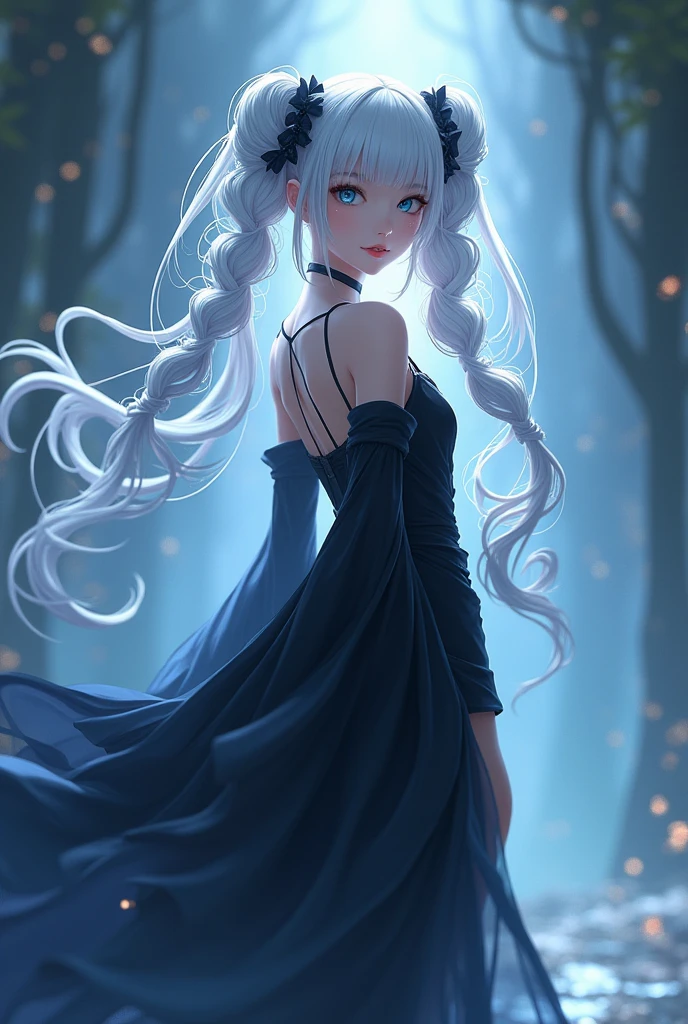 masterpiece,best quality,1girl,weissmistral,side ponytail,blue dress,long sleeves,jewelry,earrings,expressionless,standing,(misty lake),night,from side,<lora:rwby_weissschnee:1>,