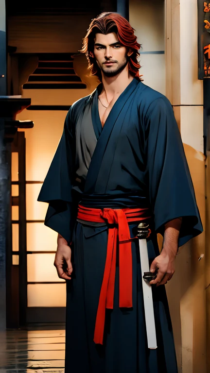 Handsome and attractive young adult, with shoulder-length tousled red hair, blue eyes, wearing a spiral saphire necklace, a dark blue and black ninja yukata, a sword sheathed at his waist, resting at the entrance of a destroyed temple.