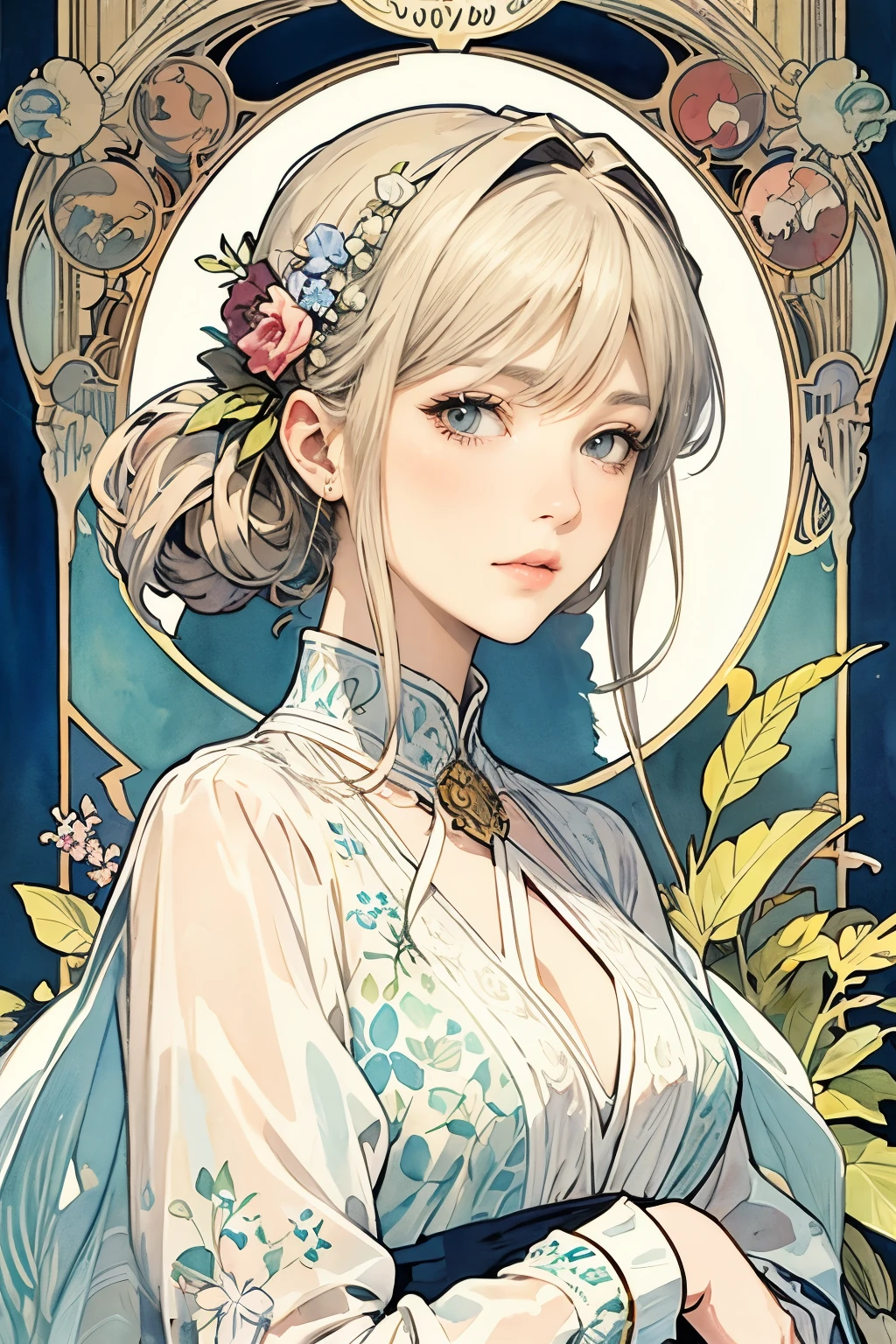 ((masterpiece)), (Best Quality), (Cinematic),  Art Nouveau watercolor , Floral_background, Intricate designs and patterns in the style of Alphonse Mucha，Violet Evergarden，destiny/stay