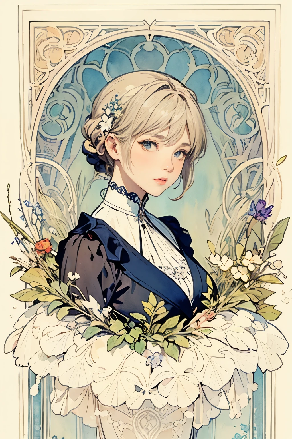 ((masterpiece)), (Best Quality), (Cinematic),  Art Nouveau watercolor , Floral_background, Intricate designs and patterns in the style of Alphonse Mucha，Violet Evergarden，destiny/stay