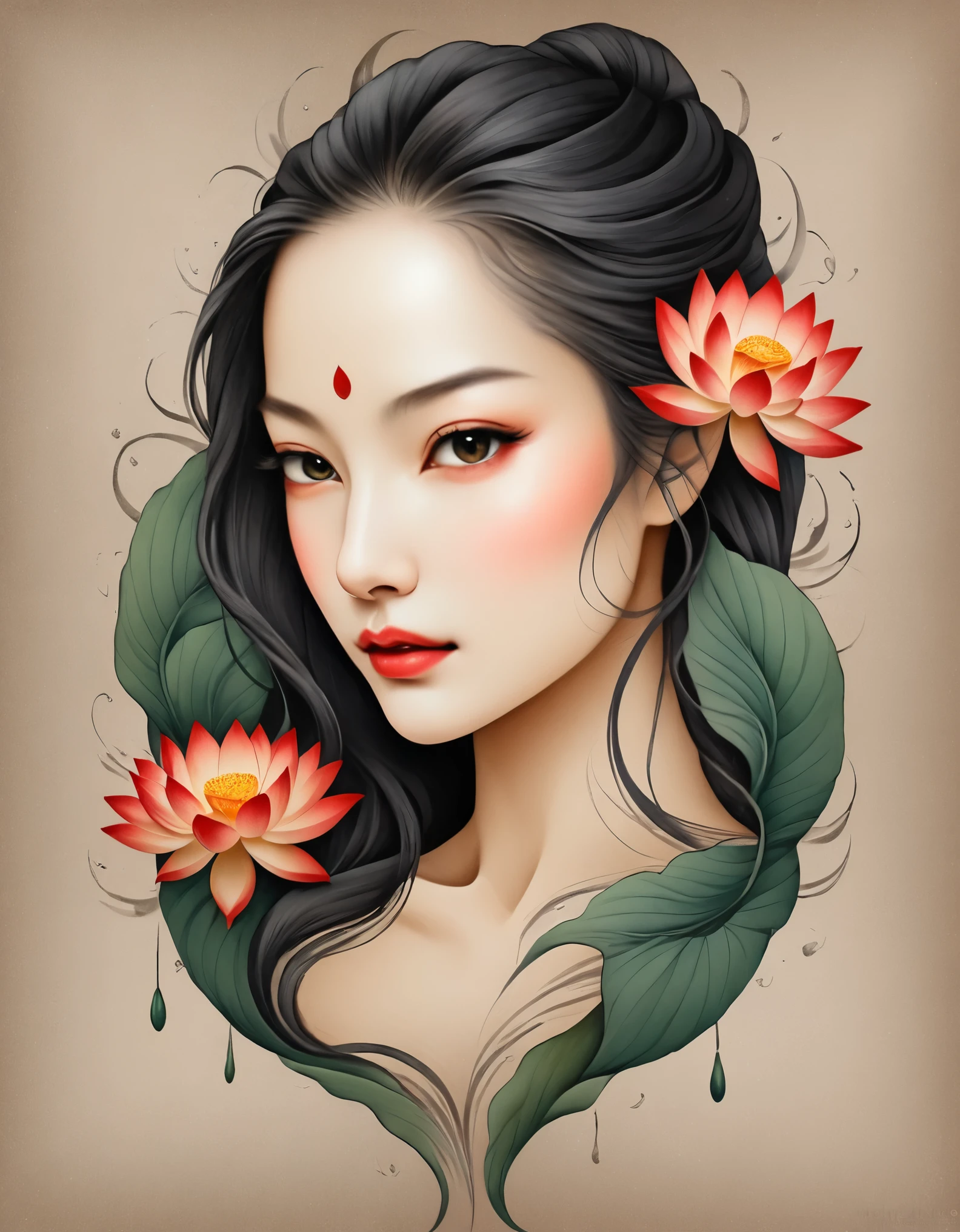 Modern minimalist art，（Close up of a woman with a lotus tattoo on her neck）,This woman has a delicate and charming face，long black hair，（Transparent lotus tattoo on neck：1.3），Flowing Hair Vignette，Beautiful face，red fox, delgado, beautiful eyes， elegant digital art, beautiful digital illustrations, beautiful figure painting, with small splashes of paint around and paint running down the bottom of the painting, rich in details, work of art, good taste, innovative