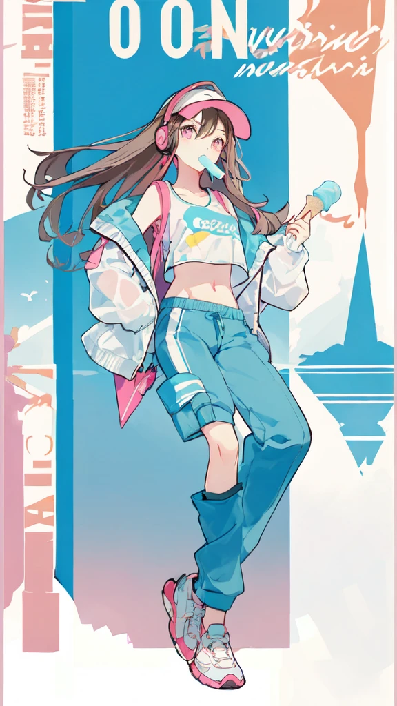 (masterpiece:1.2), best quality,PIXIV,Sweet girl ,
1girl, chewing gum, solo, food, ice cream, long hair, pants, pink eyes, sitting, shoes, headphones, long sleeves, bag, bubble blowing, brown hair, crop top, sneakers, white footwear, midriff, looking at viewer, navel, full body, hat, bangs, holding, nail polish, clothing cutout, visor cap, ice cream cone, stuffed toy, aqua headwear, hood, bottle, english text, popsicle, invisible chair, shoulder cutout
 