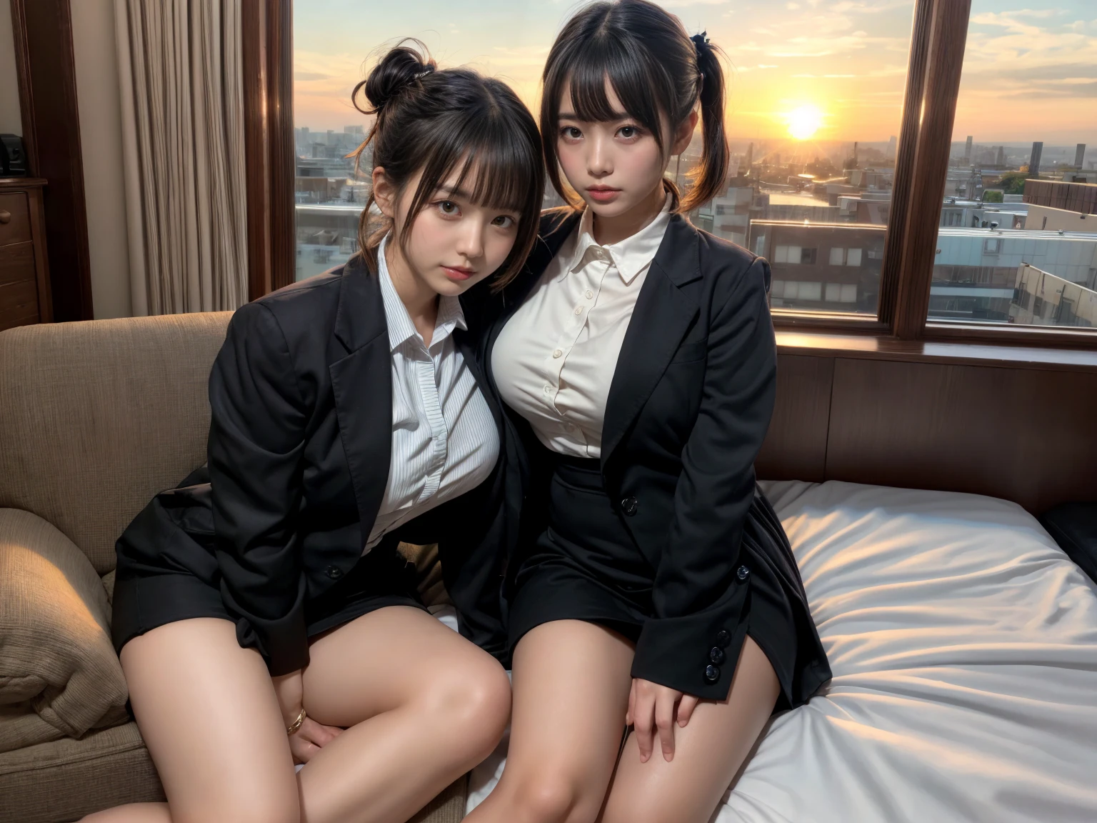 A beautiful and innocent high school girl and a horny high school boy, While lying in bed in uniform, She is molested by a high school boy who sneaks into her bedroom.., Her uniform is torn、Underwear is exposed, A beautiful girl with a baby face like an idol, My face is twisted with fear, Beautiful wavy medium length hair, Beautiful Eyes, Ultra-high resolution, Clear white skin, Slender body, Japanese, Anatomically correct