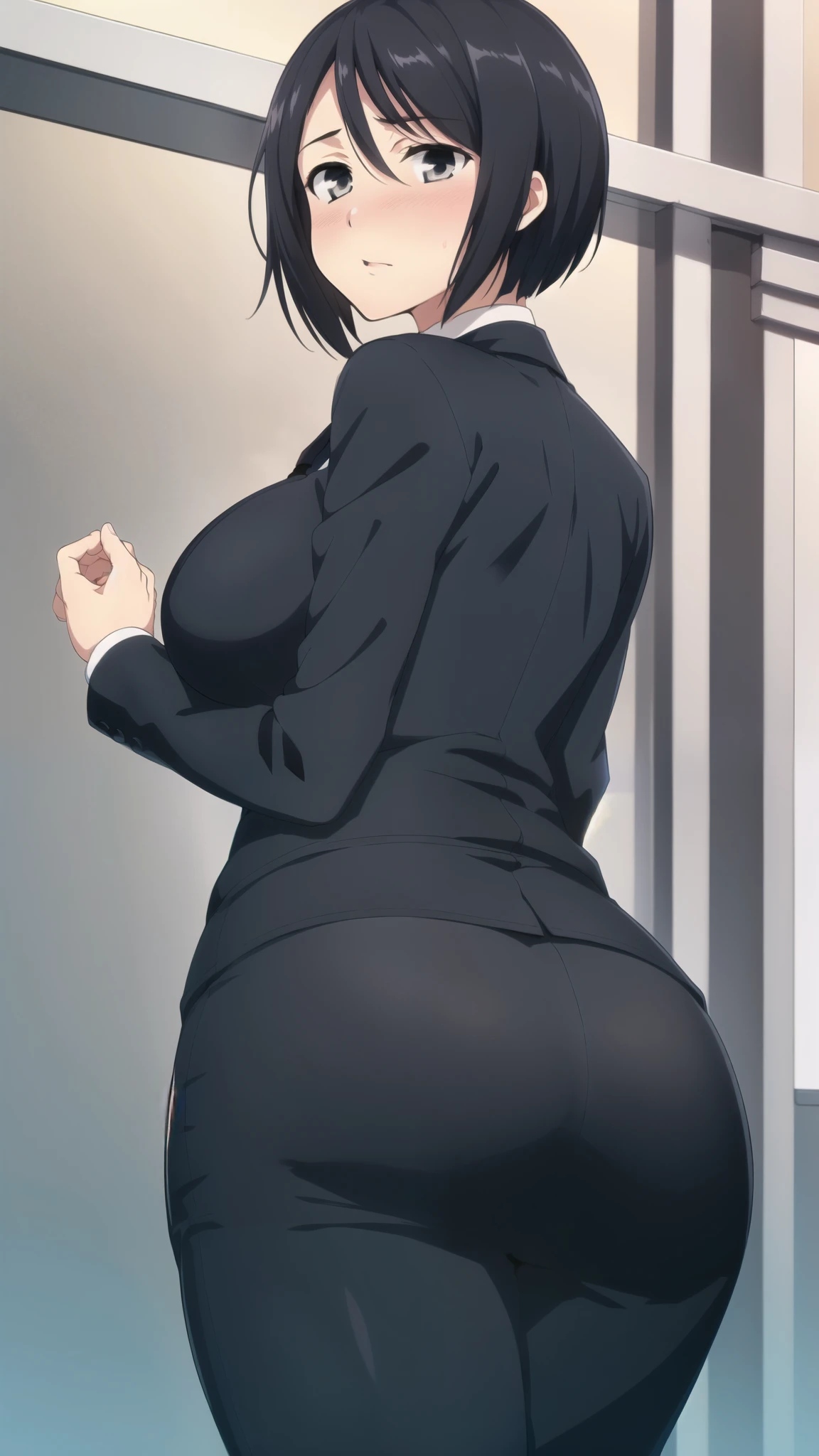 sexy body, (thick), , 1girl, standing, black hair, short hair, bangs, MAKIMA, ((white shirt)), long sleeves, necktie, stare, shy, blush, , black eyes, black necktie, hands over head, cowboy shot, huge breasts, outdoors, black pant, (MAaster piece: 1.0), (best_quality: 1.0), ultra high resolution, 4K, ultra detailed, photography, 8K, HDR,from above, looking back, hand on own ass, pencil skirt, shirt, grabbing own ass,, masterpiece, best quality, highly detailed
