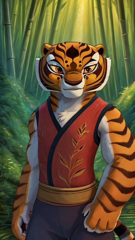 (furry female, solo, anthro tiger), highly insanely detailed, masterpiece, top quality, best quality, highres, 4k, 8k, RAW photo),((innocent look)),((ghibli style)),From the front, symmetrical composition,smile,cute,Innocent,Kind eyes,Flat chest,digital art Style, bamboo forest, (tigress),front view, Upper body, pants