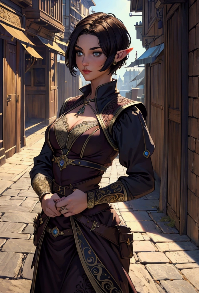 (Masterpiece, Best quality, Top quality, Intricate details, Beautiful, aesthetic:1.2), Highest quality, masterpiece, high resolution, 8k, cinematic lighting, sharp resolution, medium shot, samdoesarts style, beautiful woman, character portrait, 1 female elf, beautiful short dark hair, short hair, rogue, dressed well, britches, and vest, a sickle hangs from her hip, daytime, crowded city streets, fantasy city, cobblestone streets,