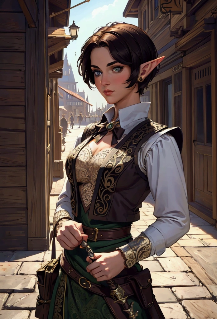 (Masterpiece, Best quality, Top quality, Intricate details, Beautiful, aesthetic:1.2), Highest quality, masterpiece, high resolution, 8k, cinematic lighting, sharp resolution, medium shot, samdoesarts style, beautiful woman, character portrait, 1 female elf, beautiful short dark hair, short hair, rogue, dressed well, britches, and vest, a sickle hangs from her hip, daytime, crowded city streets, fantasy city, cobblestone streets,